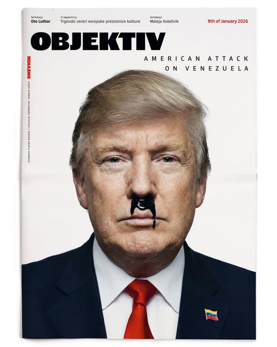 Politikmnte's tweet photo. La revista de Eslovenia 🇸🇮 #Objektiv presentó a Donald Trump en su portada con un bigote "Hitler" hecho de aceite.

#Politikmnte 🗨️ https://t.co/A8iy0jSCVq