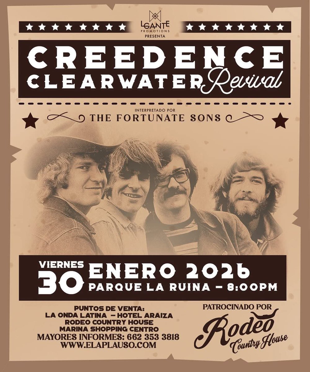 Revive los éxitos de Creedence Clearwater Revival interpretados por The Fortunate Sons, en un concierto que te transportará directo a los años dorados del rock.

🔥  boletos:
La Onda Latina, Hotel Araiza, Rodeo Country House y Marina Shopping Centro.
 en elaplauso.com