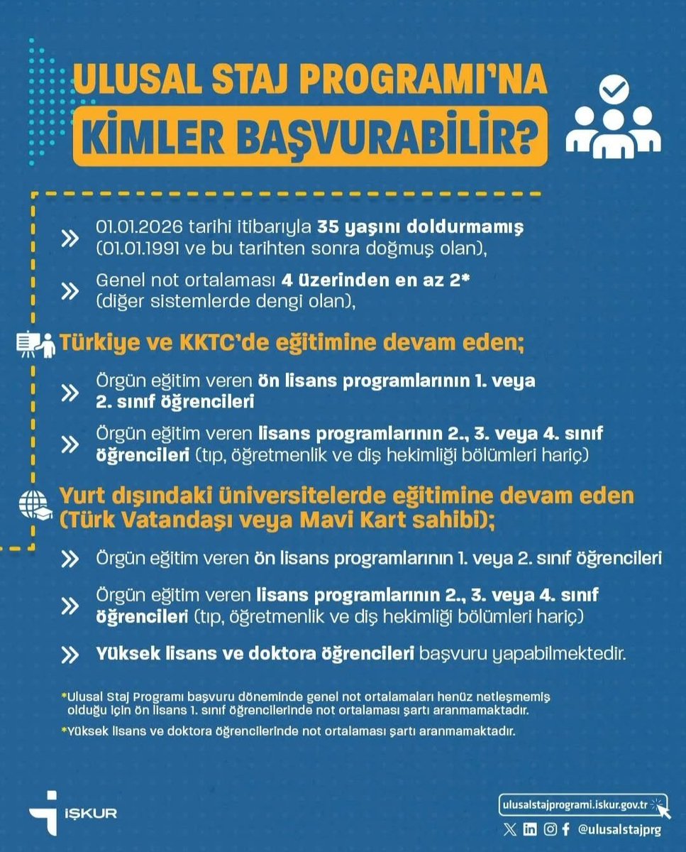 🎓 Ulusal Staj Programı ile kariyerine güçlü bir adım at!

🚀 Ulusal Staj Programı (USP) ile kamu ve özel sektörde staj imkânı seni bekliyor.

Kimler başvurabilir?

Başvuru ve Detaylar: ulusalstajprogrami.iskur.gov.tr

#UlusalStajProgramı #USP #ÜniversiteÖğrencileri #Staj #StajFırsatı