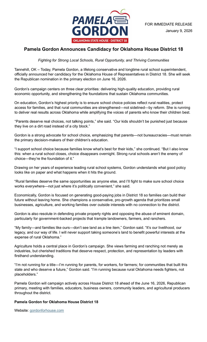 Gordon4House's tweet photo. Today, lifelong conservative and veteran rural school superintendent Pamela Gordon officially launched her campaign to represent House District 18.

Read the full announcement below or visit https://t.co/3fzx9ve32b. https://t.co/FPlGLd6Erq