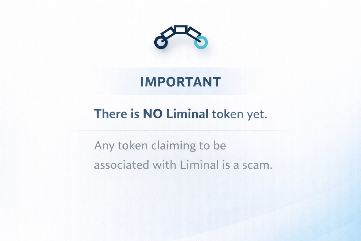 LiminalBridge's tweet image. There is no Liminal token yet.
Any token claiming to be associated with Liminal is a scam.

An official token announcement will be made here when the time comes.

Please stay cautious.