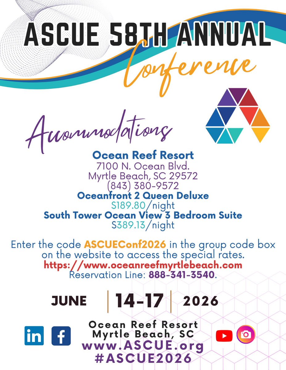 🏨 ASCUE 2026 hotel details are live!

Enjoy exclusive conference rates at Ocean Reef Resort, Myrtle Beach 🌊
📅 June 14–17, 2026

🔑 Use code ASCUEConf2026
📞 888-341-3540

Rooms are limited — book early!
🔗 ASCUE.org

#ASCUE2026 #SOARWithASCUE #HigherEdTech