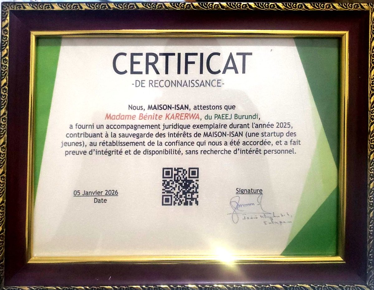 MaisonIsan's tweet photo. Nous saluons également l’intégrité et le professionnalisme de Mme Benite Karerwa et Angélique Biyishimirwe, responsables juridiques à la PAEEJ, pour leur accompagnement juridique en 2025 dans un contexte complexe. Merci aussi à la @PAEEJ_Burundi #MAISONISAN https://t.co/44dZa1FgOQ