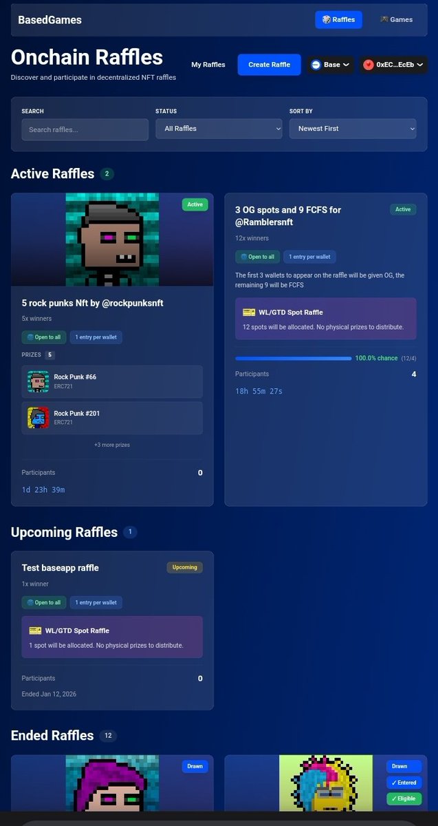 Yesterday, I raffled some rock punks Nft by <a href="/rockpunksnft/">5thAvenue.eth</a>

He sent me an extra 5 to give to the community. Please give him a follow <a href="/rockpunksnft/">5thAvenue.eth</a>
Also check out his collection opensea.io/collection/roc…
The raffle is now live on basedgames.app
It's open to all users.