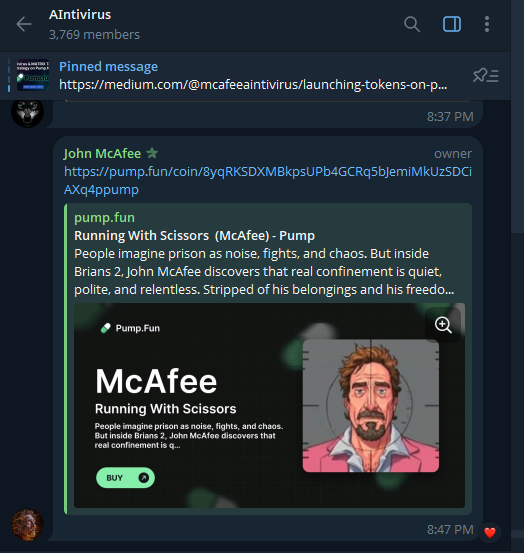 8yqRKSDXMBkpsUPb4GCRq5bJemiMkUzSDCiAXq4ppump
made by <a href="/officialmcafee/">John McAfee</a> 
He posted CA in tg