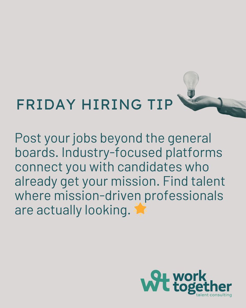 WorkTogetherTC's tweet photo. 💡 Generic job boards cast a wide net, but industry-specific boards help you connect with candidates who already understand your world. That's why we created TrulyHired—a job board specifically for education and nonprofit roles.

Where are you posting your openings? 

#HiringTips https://t.co/251J6cuEw4