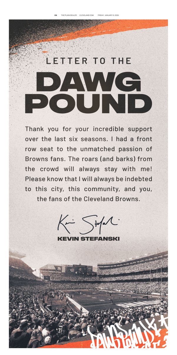 clevelanddotcom's tweet image. Kevin Stefanski, fired by the Browns on Monday, took out a full-page ad in The Plain Dealer on Friday to say farewell to Browns fans. l.cleveland.com/w35taw?utm_cam…