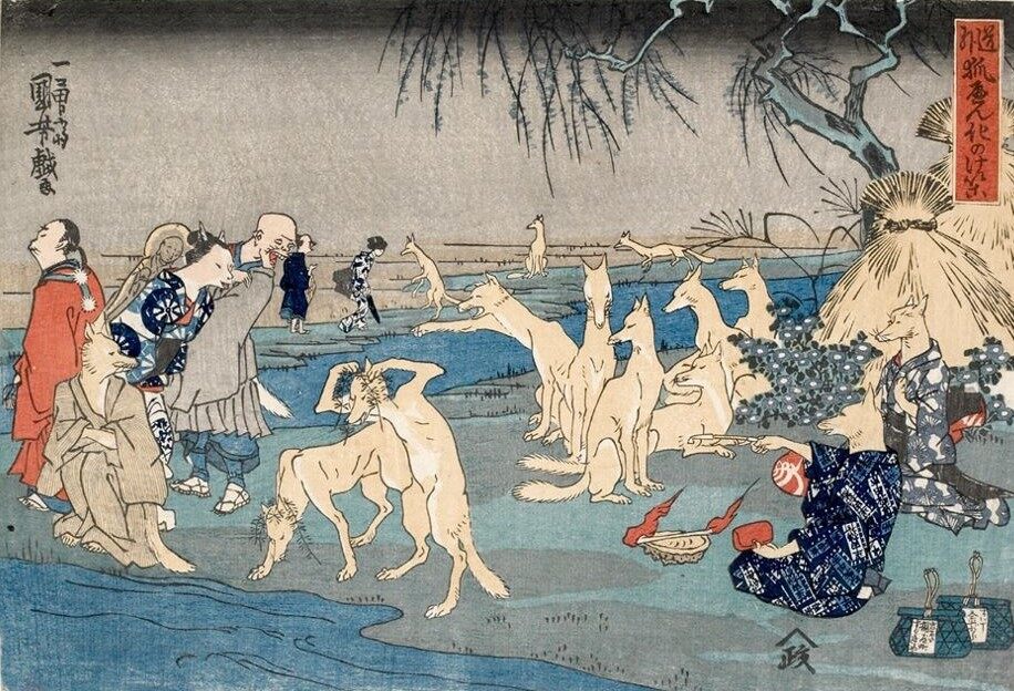archaeologyart's tweet image. Foxes Practicing the Difficult Art of How to Shape Shift into Humans by Utagawa Kuniyoshi (1840′s)