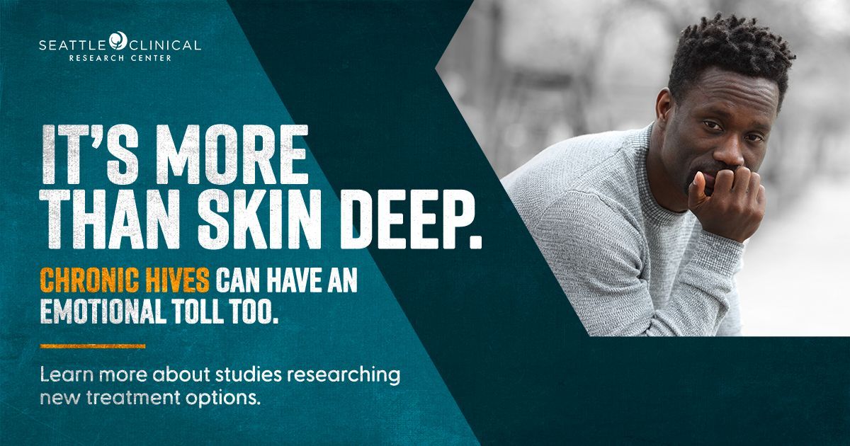 SeattleClinical's tweet photo. The itching, burning, and unpredictability of chronic hives can take an emotional toll. Research studies are helping us better understand chronic spontaneous urticaria and future care options. Learn more: https://t.co/zIwfMesUgb #ChronicHives https://t.co/H3EzagJpuk