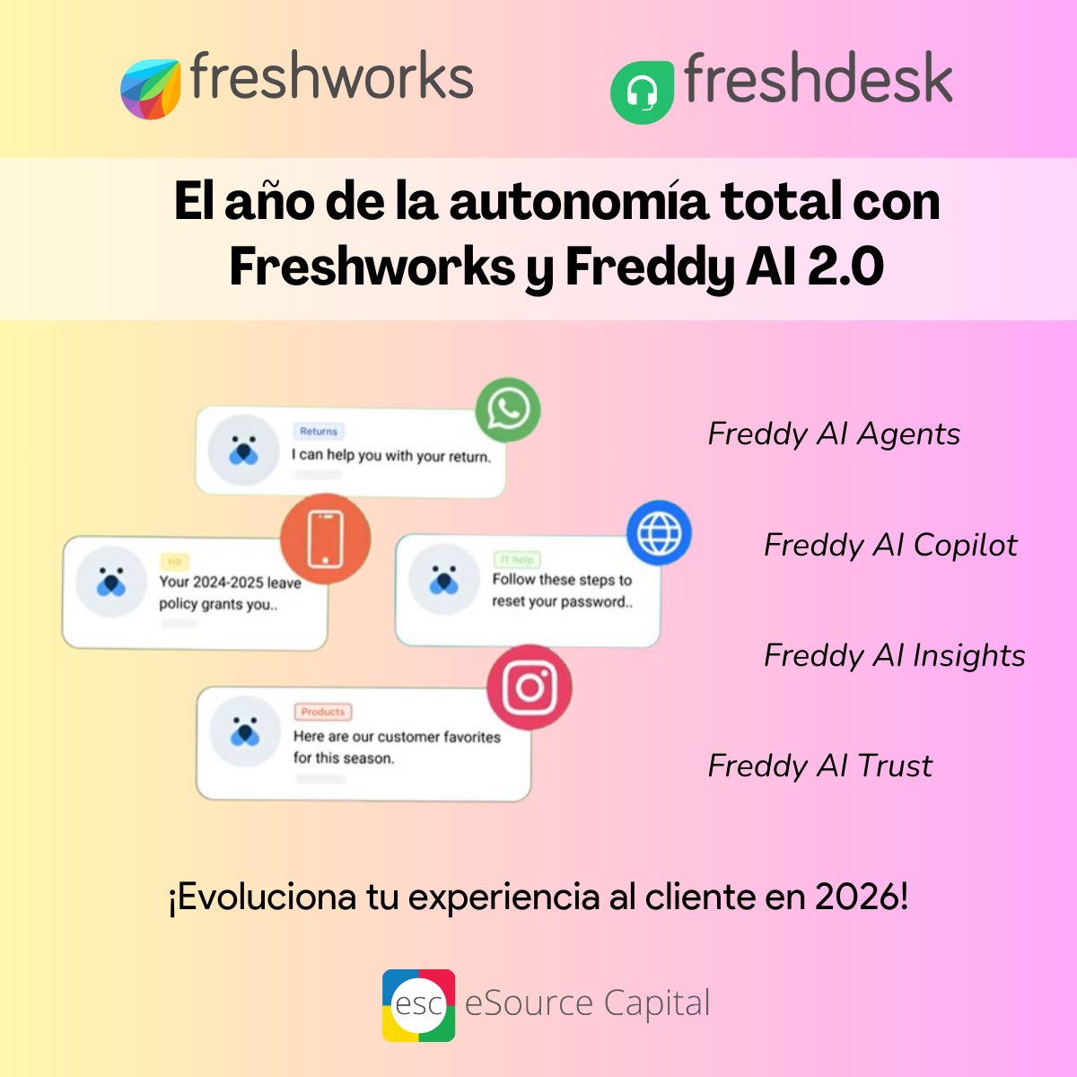 esourcecapital's tweet photo. ¿Listo para la #autonomía con #Freshworks? 🤖 Redefine tu #eficiencia este #2026 con #FreddyAI2.0: Agentes autónomos, Copilot e Insights estratégicos 💪 ¡Evoluciona tu #CX! Contáctanos👉 https://t.co/bPHx8csd4t https://t.co/K3HEIpUO6h