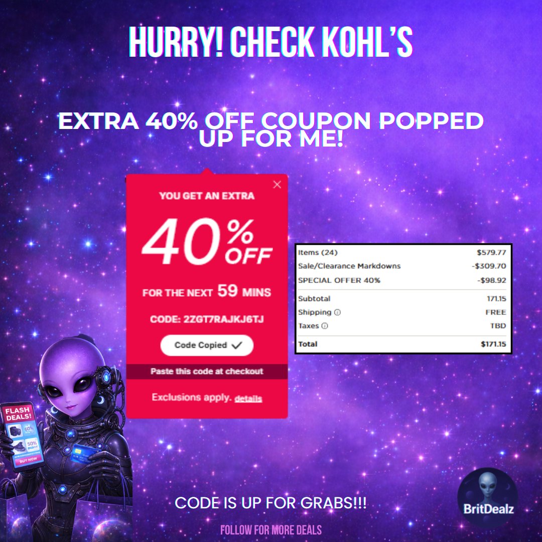 brittneys_deals's tweet photo. 🚨 HURRY! CHECK KOHL’S 🚨
🎟️ EXTRA 40% OFF COUPON popped up on the main page!
🖼️ Coupon shown on the image is LIVE and up for grabs
🛍️ Stack it with CLEARANCE for insanely cheap finds
👉 Go now: https://t.co/IOvSIJ0Qly
#ad
#KohlsDeals #CouponStacking #ClearanceDeals https://t.co/pSzYKbf51p