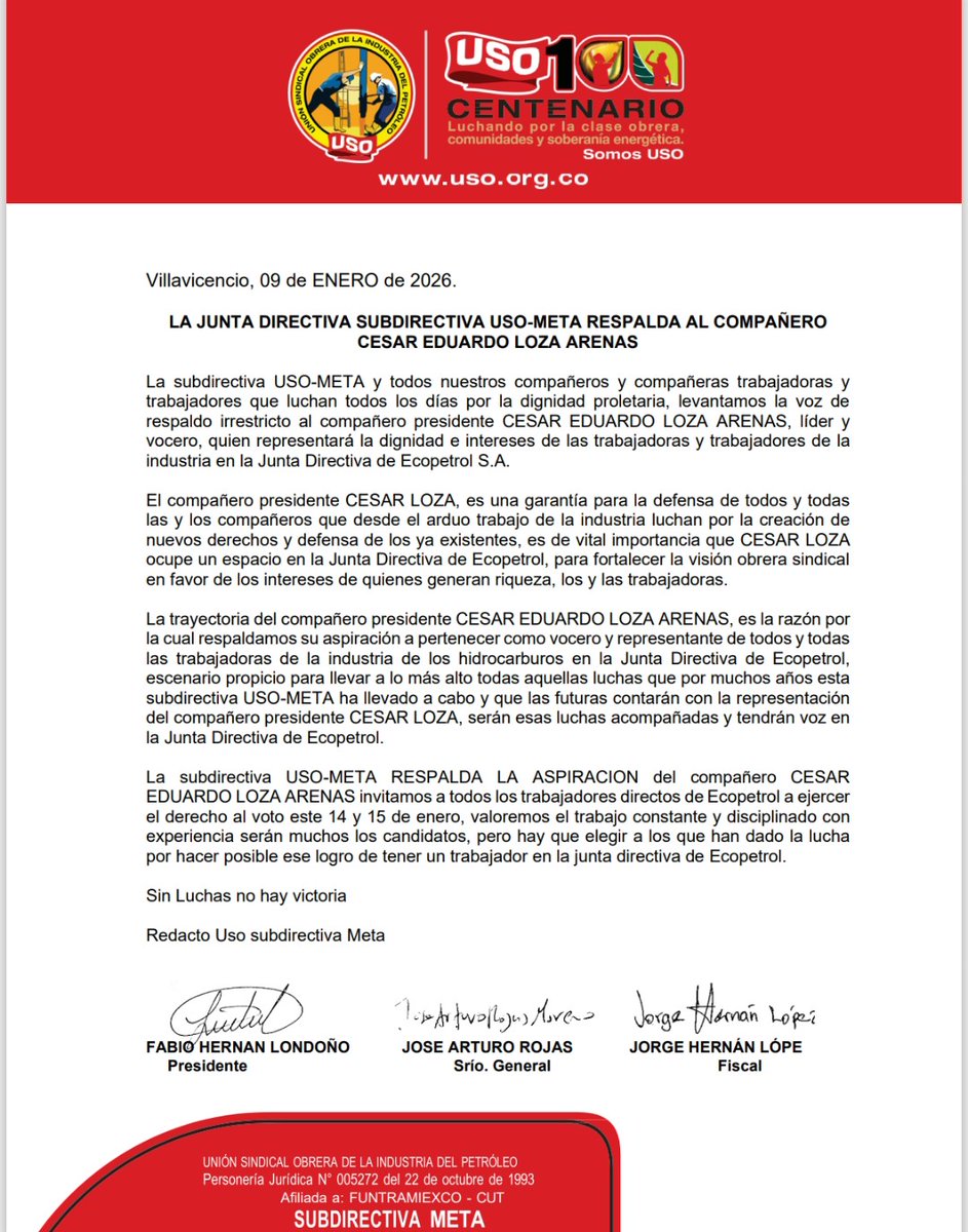 Respaldamos a César Eduardo Loza Arenas para la Junta Directiva de Ecopetrol. Este 14 y 15 de enero, votemos con unidad y conciencia de clase.

Sin luchas no hay victoria.