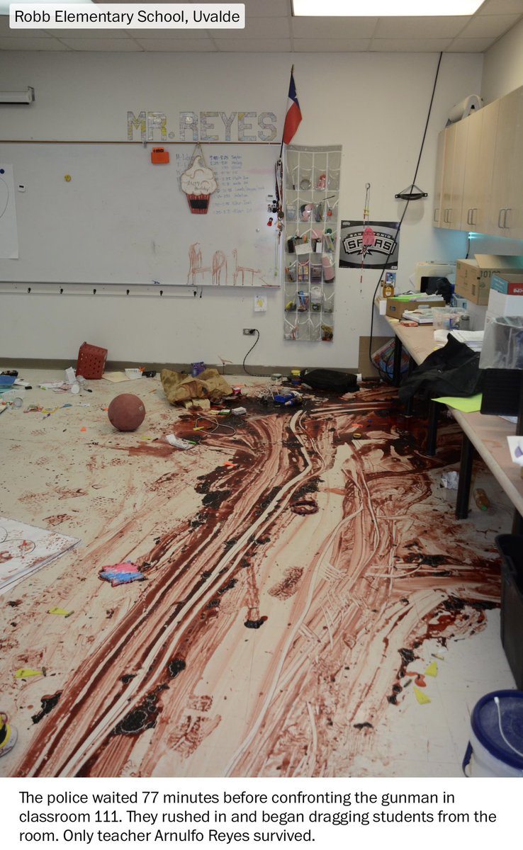 Lillyin_London's tweet photo. Always remember: while the police stood outside, 3 children were alive inside the classroom with the shooter. 
The images below give you an idea of the nightmare they lived through.
( pictures were published by the Washington post in agreement with the victims families. The article: TERROR ON REPEAT) 

A rare look at the devastation caused by AR-15 shootings

Khloie Torres, a fourth-grader in classroom 112.She made multiple 911 calls, whispering pleas for help. Miah Cerrillo (also in classroom 112), called 911 and smeared blood on herself to play dead; she also survived. Additionally, one victim, Amerie Jo Garza, attempted to call 911 but was killed.

#RobbElementarySchool 
#UvaldeSchoolShooting #Uvalde  #AdrianGonzales