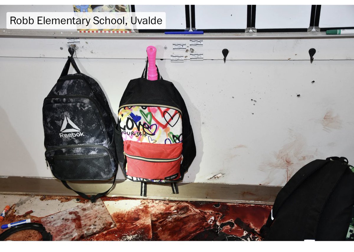 Lillyin_London's tweet photo. Always remember: while the police stood outside, 3 children were alive inside the classroom with the shooter. 
The images below give you an idea of the nightmare they lived through.
( pictures were published by the Washington post in agreement with the victims families. The article: TERROR ON REPEAT) 

A rare look at the devastation caused by AR-15 shootings

Khloie Torres, a fourth-grader in classroom 112.She made multiple 911 calls, whispering pleas for help. Miah Cerrillo (also in classroom 112), called 911 and smeared blood on herself to play dead; she also survived. Additionally, one victim, Amerie Jo Garza, attempted to call 911 but was killed.

#RobbElementarySchool 
#UvaldeSchoolShooting #Uvalde  #AdrianGonzales
