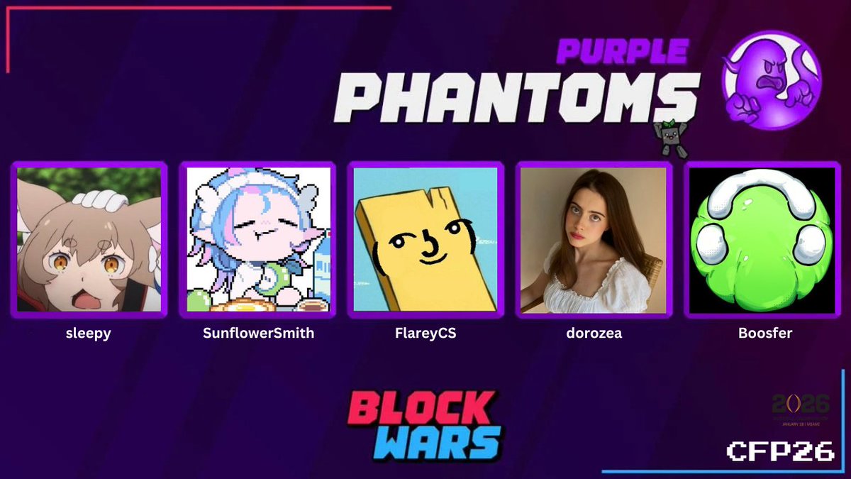 📢Purple Team Announcement📢

<a href="/sleepy/">sleepy</a> <a href="/SunflowerPillar/">smith 🌻☁</a> <a href="/FlareyCS/">flarey</a> <a href="/dorozeaxd/">Dorozea</a> <a href="/BoosferYT/">Boosfer</a> 

will be representing the Phantoms for Block Wars CFP National Championship Event 2026! 🥳

Watch them LIVE on January 17th at 2pm EST! 🫡