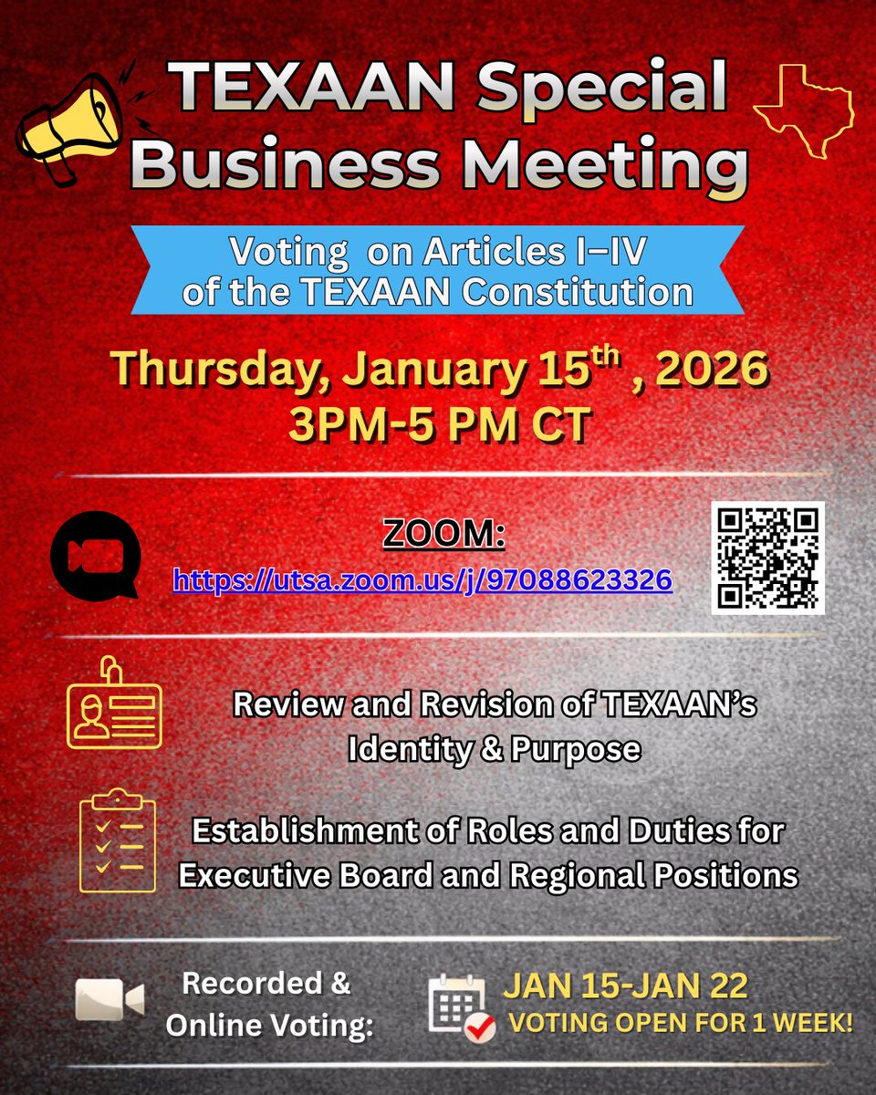 _TEXAAN's tweet photo. 📷 TEXAAN Member Update: Join us for an important TEXAAN Special Business Meeting: 
Thursday, January 15 | 3:00–5:00 PM (CT)
📷 Zoom (recorded) https://t.co/jHVPkoECHi
