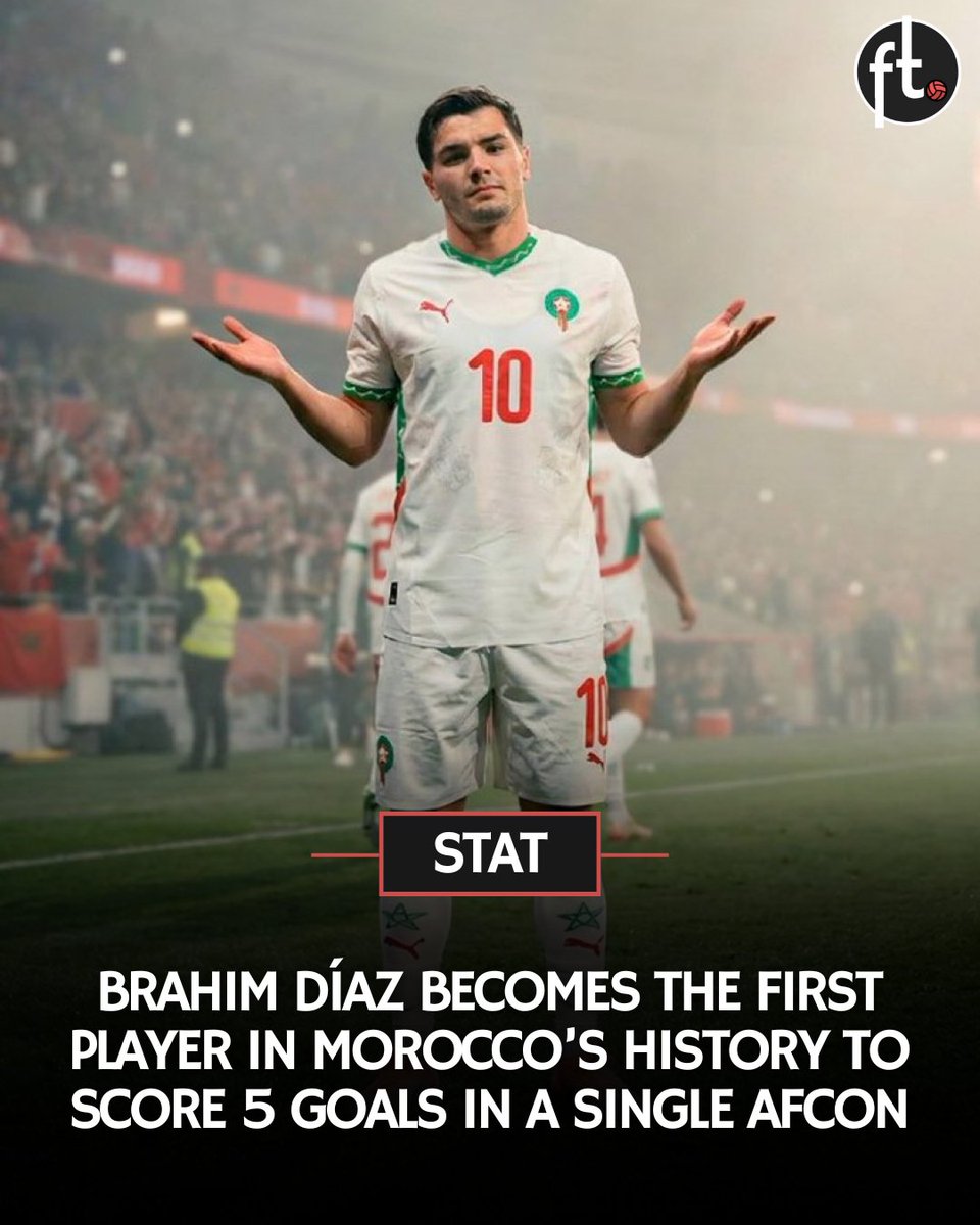 Footballtweet's tweet photo. 🚨 𝗥𝗘𝗖𝗢𝗥𝗗: Brahim Díaz becomes the first player in Morocco’s history to score 5 goals in a single AFCON.

🇲🇦 He's also the only player in the last 57 years to score in the first 5 games of the AFCON tournament. https://t.co/A4xSbFpCcY