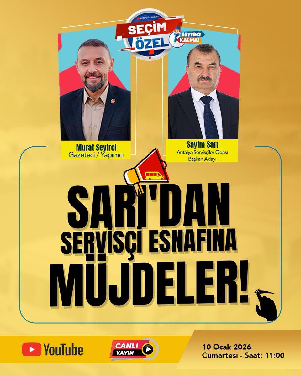 MuratSeyirci's tweet photo. Antalya Servisçiler Odası Başkan Adayı Sayim Sarı AntalyaBuradaTv canlı yayında gazeteci Murat Seyirci'nin sorularını cevaplayacak, servisçi esnafına seslenecek. @SayimSari07

Servisçi esnafına dair önemli açıklamaların yer alacağı yayın, 10 Ocak Cumartesi saat 11:00'da AntalyaBuradaTv Youtube kanalında.

CANLI YAYINI AŞAĞIDAKİ LİNKTEN İZLEYEBİLİRSİNİZ
👇👇
https://t.co/Bt1m1Udn0G