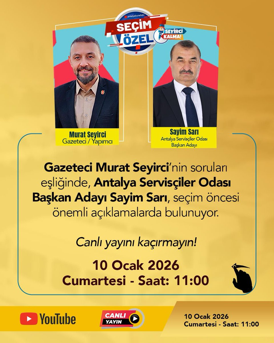 MuratSeyirci's tweet photo. Antalya Servisçiler Odası Başkan Adayı Sayim Sarı AntalyaBuradaTv canlı yayında gazeteci Murat Seyirci'nin sorularını cevaplayacak, servisçi esnafına seslenecek. @SayimSari07

Servisçi esnafına dair önemli açıklamaların yer alacağı yayın, 10 Ocak Cumartesi saat 11:00'da AntalyaBuradaTv Youtube kanalında.

CANLI YAYINI AŞAĞIDAKİ LİNKTEN İZLEYEBİLİRSİNİZ
👇👇
https://t.co/Bt1m1Udn0G