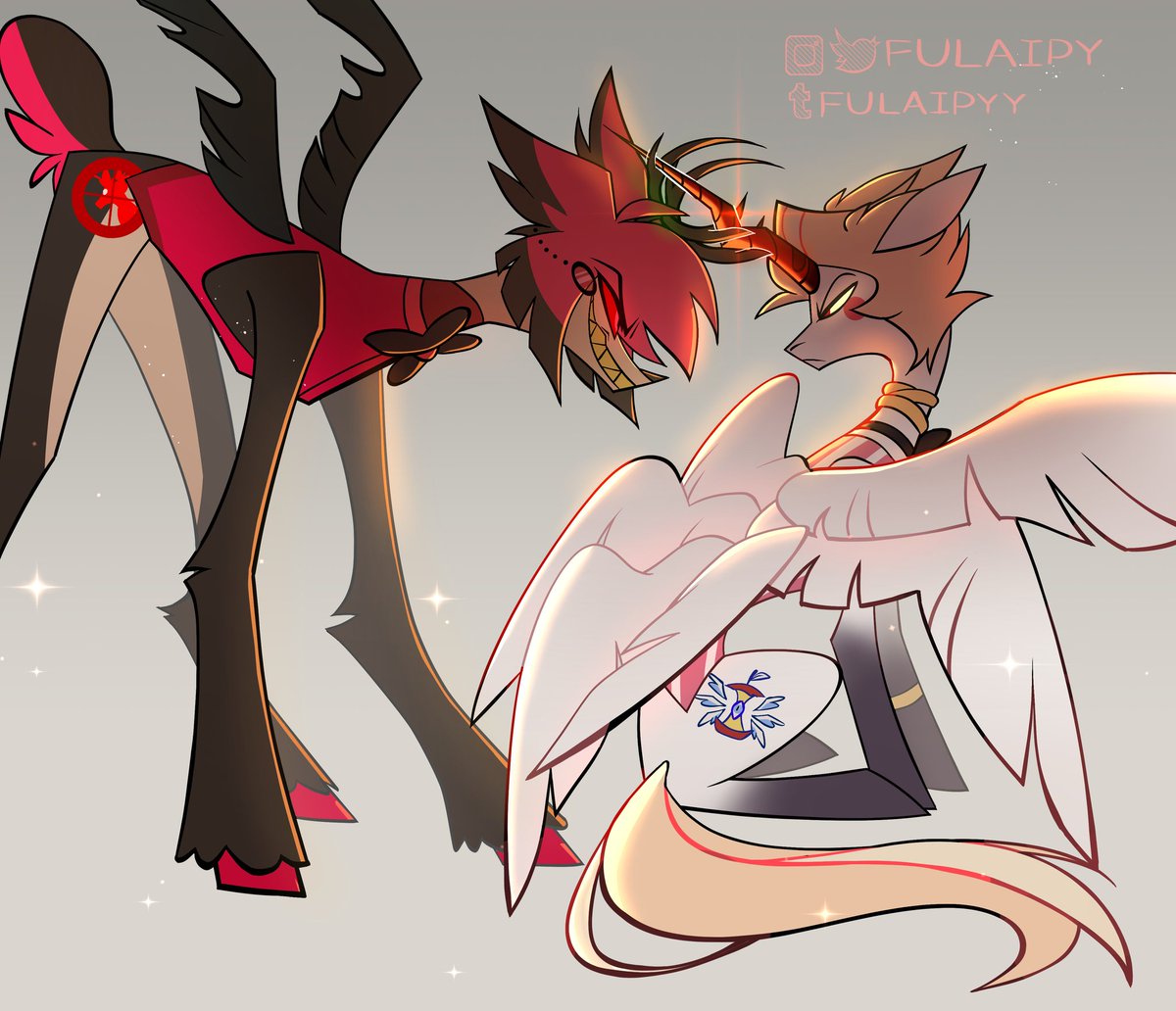 Fulaipy's tweet photo. Two against one is unfair (horns)
#HazbinHotel #radioapple https://t.co/K4ZuCF888D