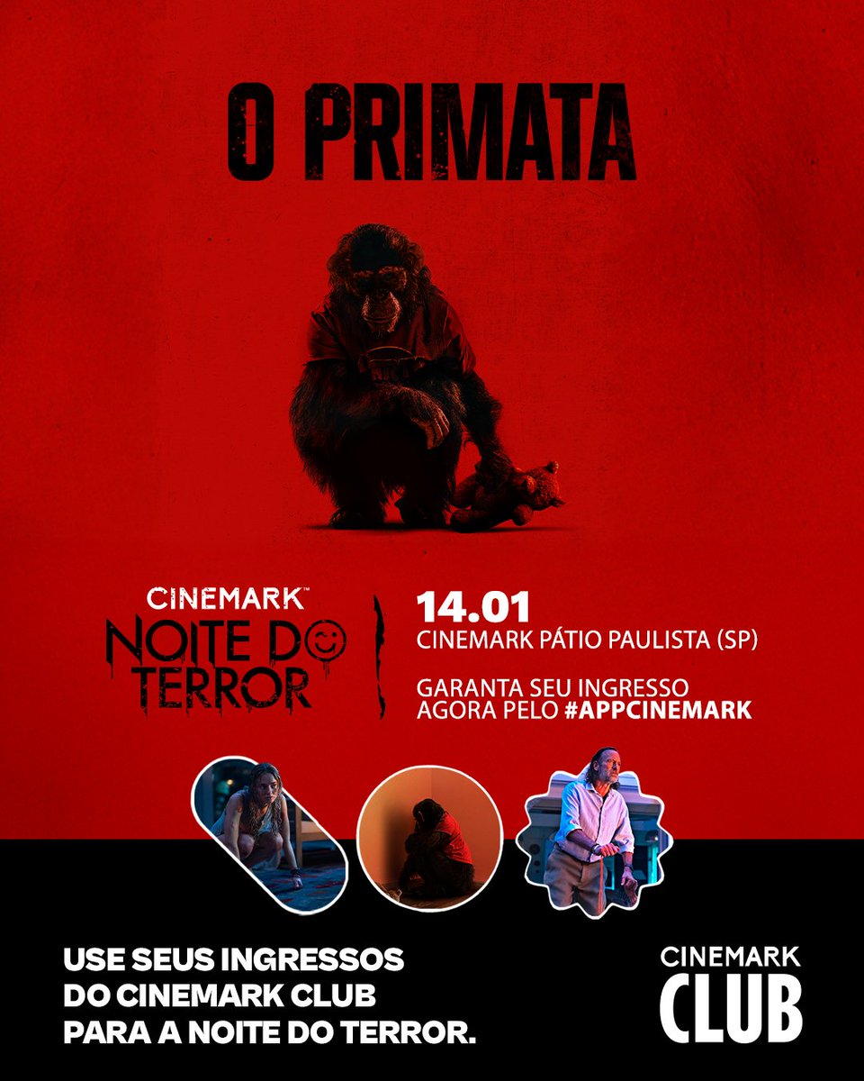 👀 Vai encarar "O Primata" de perto? Então aproveita seus ingressos do Cinemark Club na Noite do Terror.

Dia 14/01 às 19h30 na Cinemark Pátio Paulista.

Garanta agora o seu ingresso pelo #APPCinemark.

#CinemarkClub #OPrimataNaCinemark