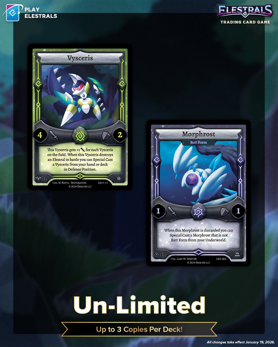 Today’s Ban &amp; Restriction Update witnessed 18 Cards being Banned, Limited, Semi-Limited, and Un-Limited for #ElestralsTCG! 🚫 

You can check out the full breakdown for these changes here! ➡️ elestra.ls/DvdyzpG