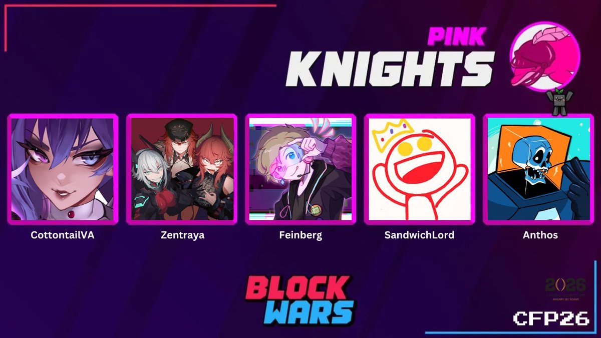 📢Pink Team Announcement📢

<a href="/CottontailVA/">CottontailVA 🐰💋</a> <a href="/zentreya/">Zentreya⚡🐲⚔️</a> <a href="/feinberg_mc/">Feinberg</a> <a href="/SandwichLord690/">SandwichLord🎗️</a> <a href="/Anthostv/">Anthos</a> will be representing the Knights for Block Wars CFP National Championship Event 2026! 🥳

Watch them LIVE on January 17th at 2pm EST! 🫡