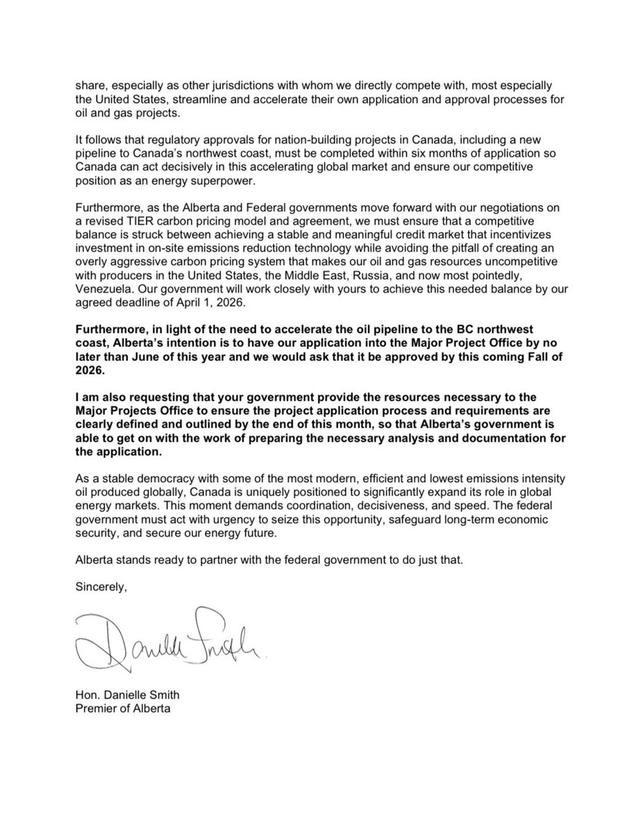 ABDanielleSmith's tweet image. Today I had a positive meeting with Prime Minister @MarkJCarney during which we discussed the recent events in Venezuela, and how they underscore the necessity to greatly expedite the approval of a one million barrel per day oil pipeline to Canada’s pacific coast as well as an…