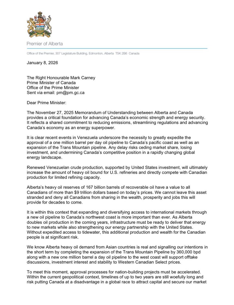 ABDanielleSmith's tweet image. Today I had a positive meeting with Prime Minister @MarkJCarney during which we discussed the recent events in Venezuela, and how they underscore the necessity to greatly expedite the approval of a one million barrel per day oil pipeline to Canada’s pacific coast as well as an…
