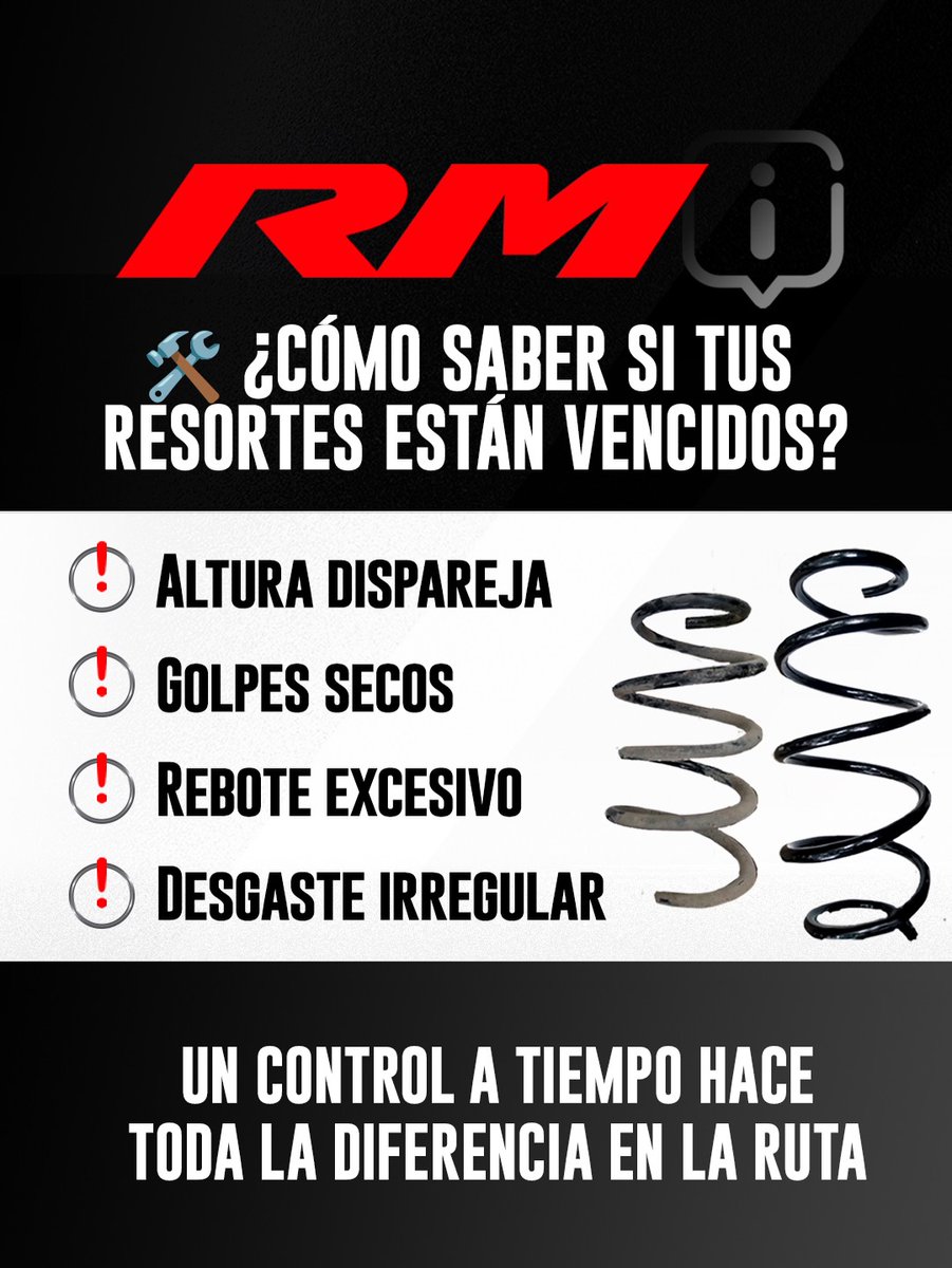 RM resortes

¿Cómo saber si tus resortes están vencidos?🛠🚗

✔ Altura dispareja
✔ Golpes secos
✔ Rebote excesivo
✔ Desgaste irregular

Un control a tiempo hace toda la diferencia en la ruta.😎

#RM #MantenimientoRM #SeguridadVial #ResortesVencidos
