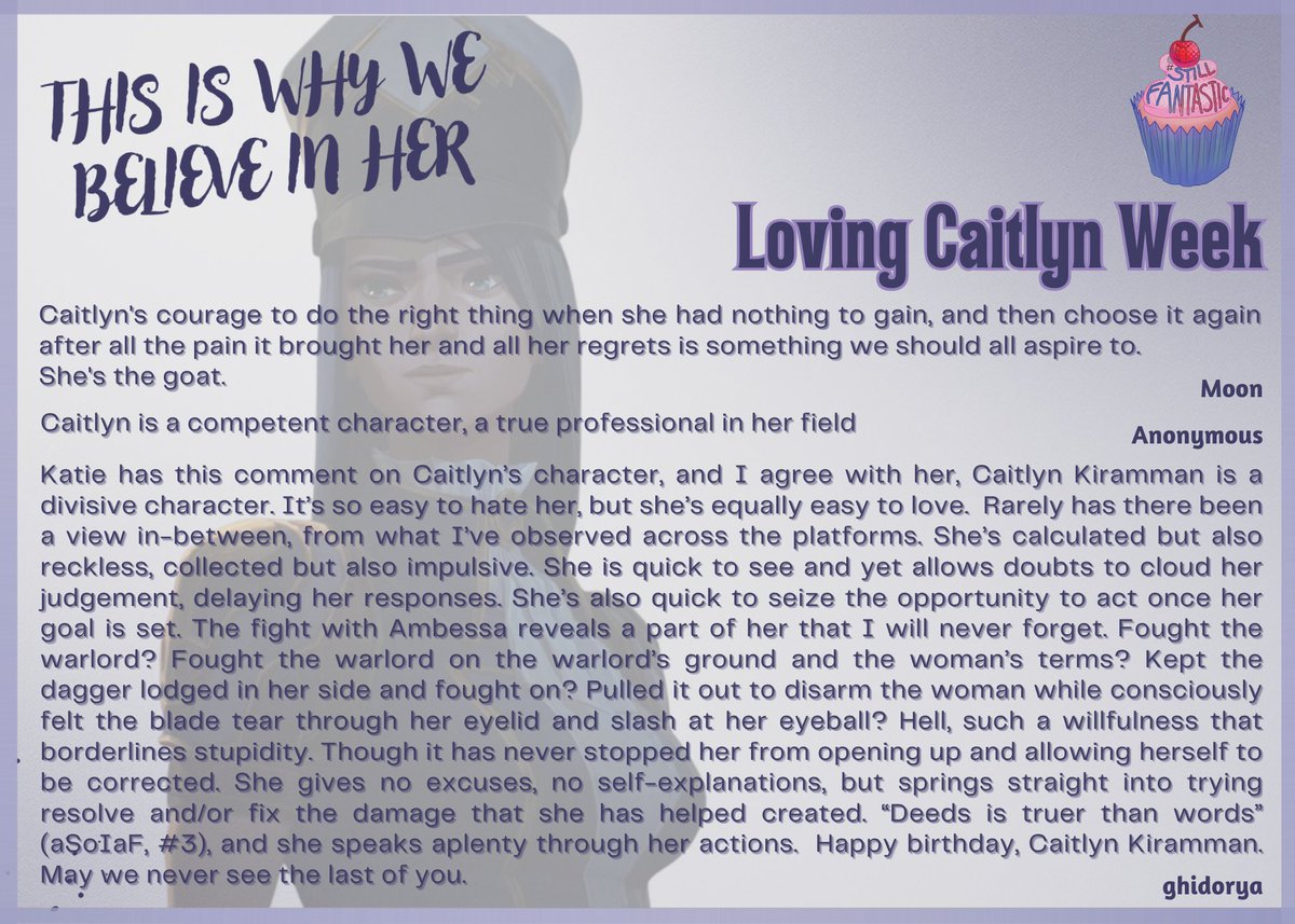 stillcaitvi's tweet photo. And here comes day 5 of #LovingCaitlynWeek! π
With a new batch of quotes from our server members in celebration of THE Caitlyn Kiramman #StillFantastic #CaitlynKiramman https://t.co/v0Blkyayug