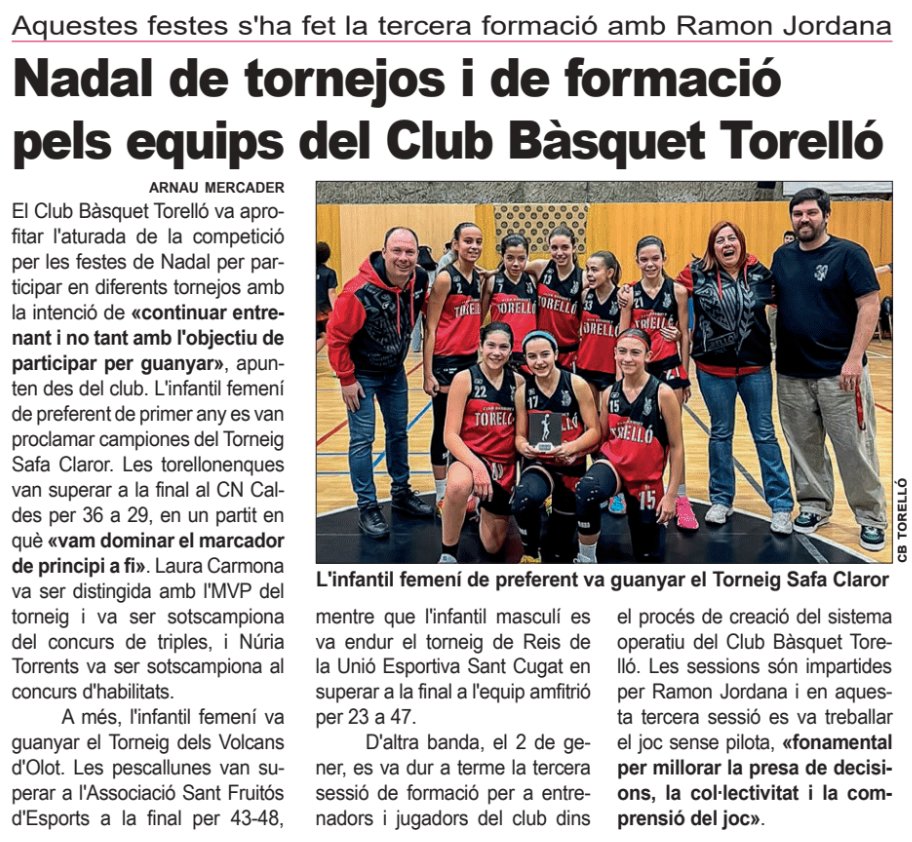🏀 El <a href="/CBTORELLO/">CLUB BÀSQUET TORELLÓ</a> va aprofitar les festes per participar en diferents tornejos i fer formació

🏆 El PIF Vermell i l'Infantil femení i masculí van guanyar els seus tornejos
🗒️✏️ Es va fer la 3a sessió de formació dins el procés de creació del sistema operatiu del club
<a href="/settorello/">Setmanari Torelló</a>