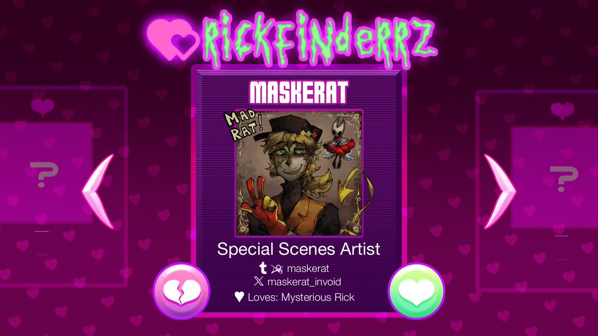 Meet Maskerat, one of our special scenes artists! Please send them all the love!

tumblr/ao3 @ maskerat
twitter @ maskerat_invoid

♡♡♡♡♡♡♡

(Flier by rickle.guy!)
#RICKFINDERRZ #MeetTheRICKFINDERRZTeam