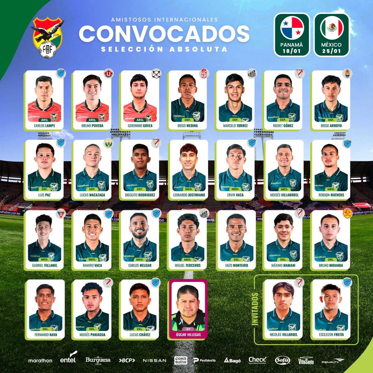 LA CONVOCATORIA DE LA VERDE 🇧🇴
 
Estos son los convocados de Oscar Villegas para los partidos amistosos en este mes de enero. 
#Bolivia