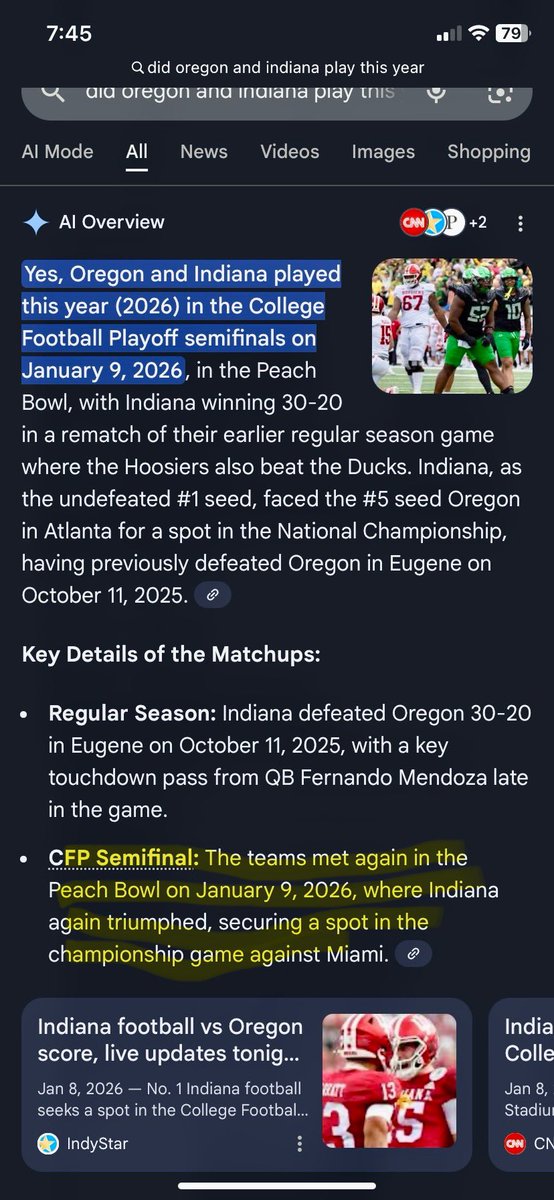 Spoiler alert, Google’s brilliant AI has confirmed that Indiana has already won the game tonight. #PeachBowl