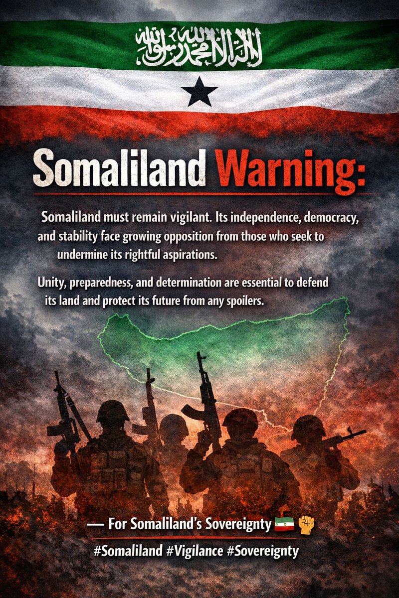 DavidGreenhh's tweet photo. Somaliland Warning:
Somaliland must remain vigilant. It's  independence, democracy, and stability face growing opposition from those who seek to undermine its  rightful aspirations.  Preparedness, and determination are essential to defend and protect its future from any spoilers https://t.co/Mht54PfYWR