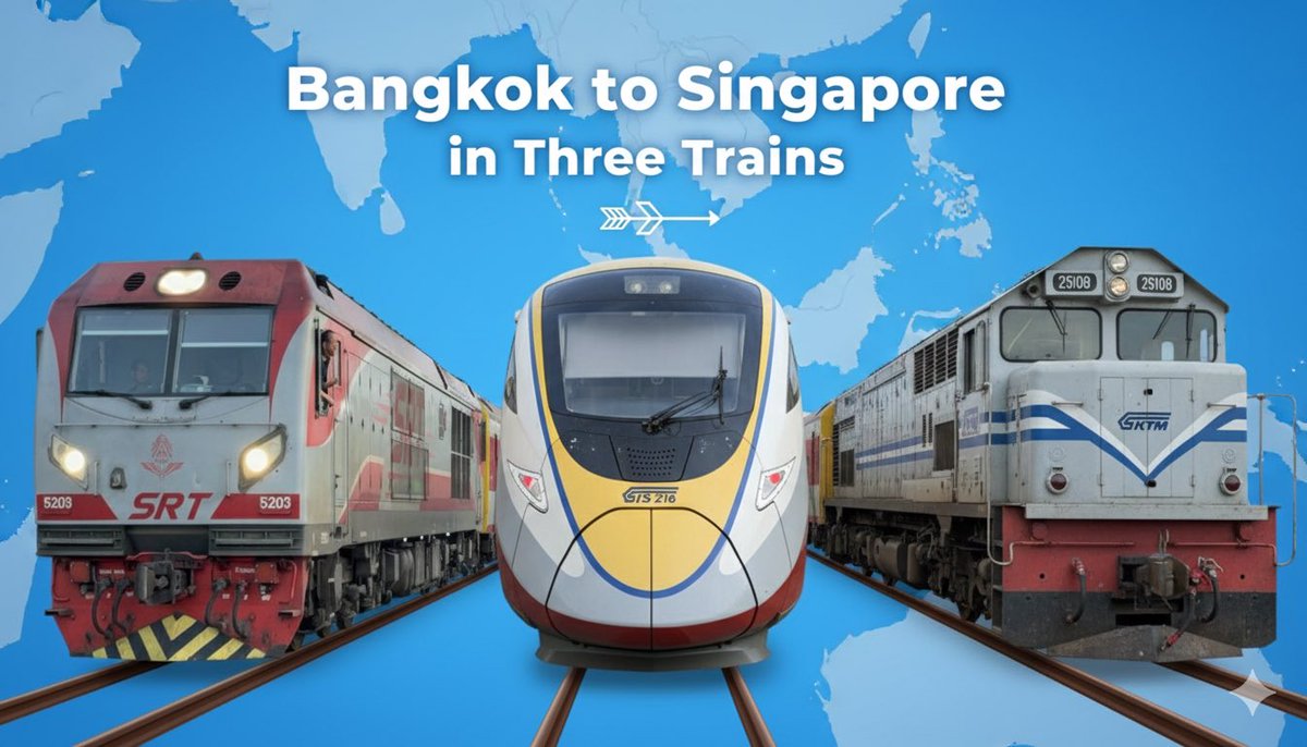 ThaiTrainGuide's tweet photo. 🇹🇭🇲🇾🇸🇬 It is possible to go from Bangkok to Singapore in just three trains. Here are some examples of the trains you can catch there. 

🚂 🇹🇭🇲🇾 Special Express No. 45
📍Bangkok (Krung Thep Aphiwat) to Padang Besar
⏰ 16:10-08:05 (15hr 55m)

🚂 🇲🇾 EG9449 * 
📍Padang Besar to Johor Bahru (JB Sentral)
⏰ 12:05-22:30 (10hr 25m)

🚂🇲🇾🇸🇬 Shuttle 73 **
📍 Johor Bahru (JB Sentral) to Singapore (Woodlands CIQ)
⏰ 08:45-08:50 (5m)

* The train coming down from Padang Besar doesn’t reach the border in time for the last train at 22:45. So you would have to spend the night in Jahor Bahru or you can just take a bus over the border as that is open 24 hours. Next year when the new rail link is open this should be easier. 

** There are many shuttle trains crossing the border and so pick a time convenient to you. 

It is advisable to buy tickets in advance on the official DTicket and KTM websites.

✅ Links and Instructions on How to Buy Train Tickets in Southeast Asia: https://t.co/xINu9g1vza 

#AsianTrainGuide #AsiaByRail #DiscoverAsiaByRail #RailTourism #Malaysia #Thailand #Singapore