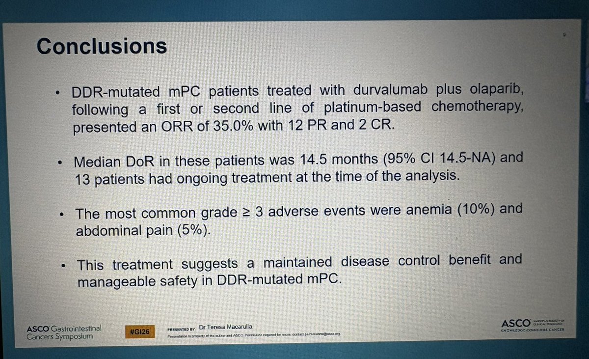 jgong15's tweet photo. @MacarullaTeresa single-arm PhII trial of durvalumab + olaparib after PR/CR to platinum-chemo in #DDR-mutant #PDAC (80% #BRCA2, 83% had >3 prior lines) ➡️ ORR 32.5% w/median DOR 14.5 mos, median PFS 6.7 mos, median OS 15.4 mos
@OncoAlert #GI26 https://t.co/GlKRyi3EOQ