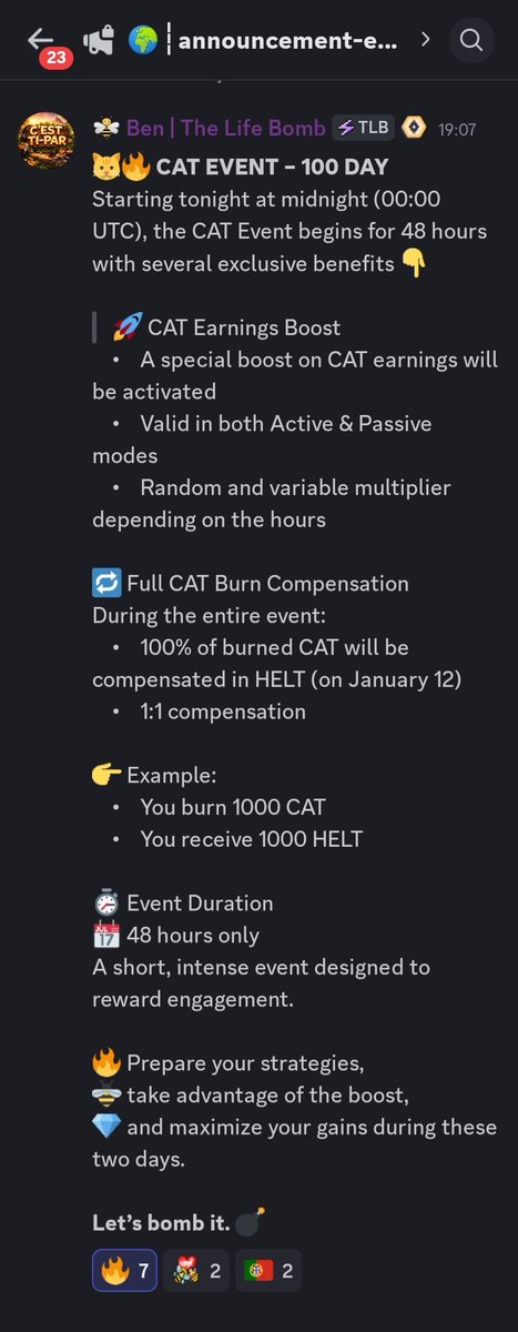 Good Night #Hive! 🌙 CAT EVENT is LIVE! 🐱🔥
For the next 48H: 🚀 CAT Earnings Boost (Active &amp; Passive) 🔁 100% Burn Compensation: 1 CAT burned = 1 HELT back (Jan 12)

Intense rewards for the bold. Maximize your strategy at <a href="/The_Life_Bomb/">🌴 THE LIFE BOMB 🏝️</a>! 🐝💎

#M2E #Solana #FlyWithUs #P2E