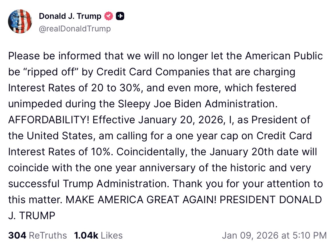repchronicle's tweet photo. President #Trump announced a proposal to impose a one-year cap of 10% on credit card #interestrates, set to take effect January 20, 2026. The plan is framed as a consumer-protection measure aimed at reducing high interest costs and improving #affordability. https://t.co/Exqksrgw49