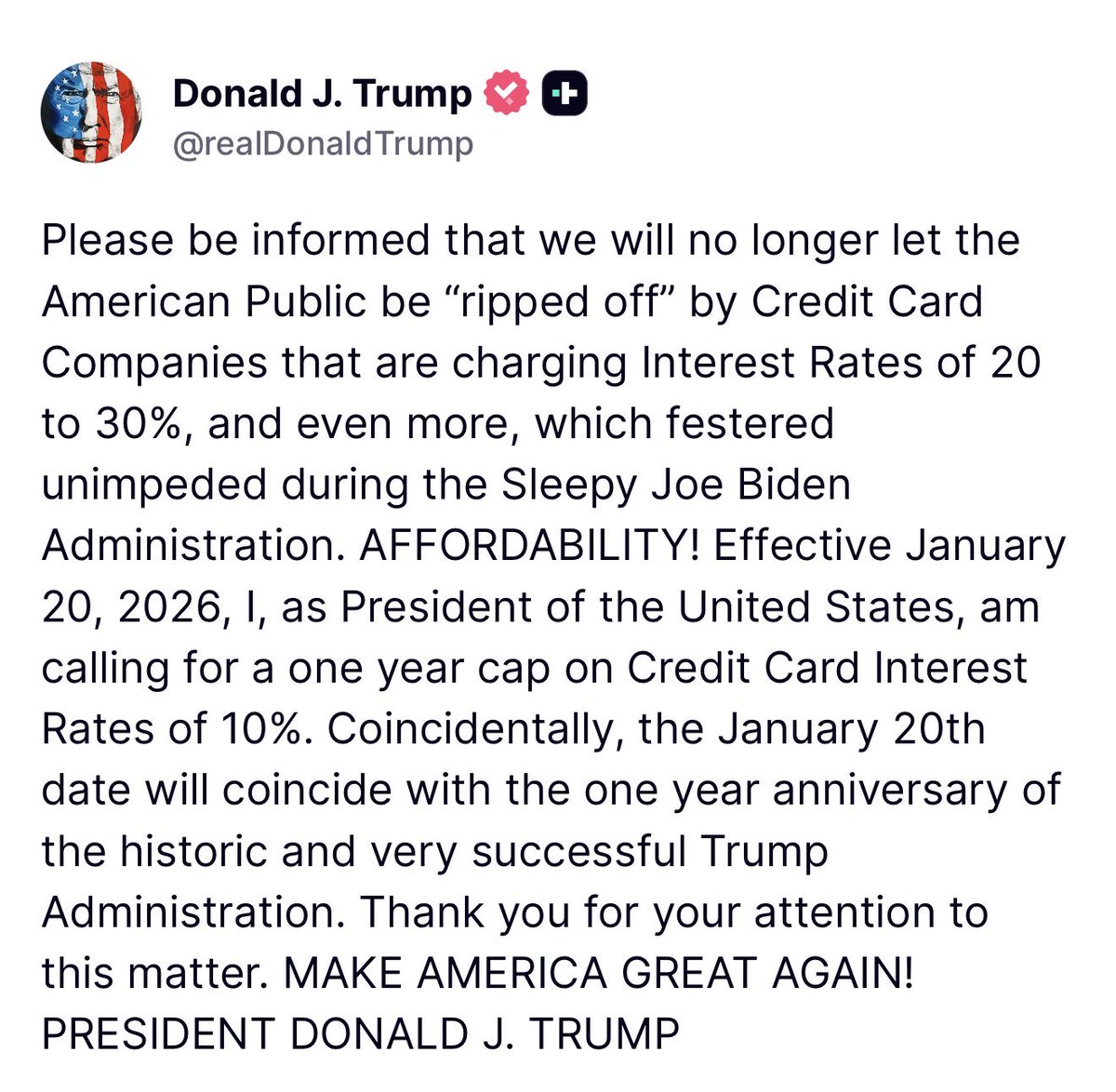 Breaking911's tweet image. 🚨 TRUMP: “Effective January 20, 2026, I, as President of the United States, am calling for a one year cap on Credit Card Interest Rates of 10%.”