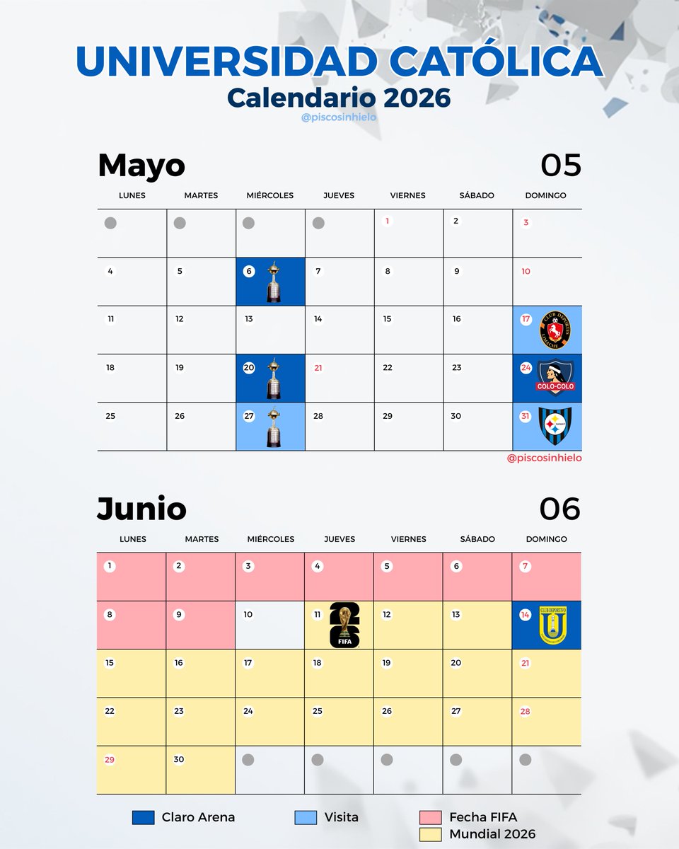 piscosinhielo's tweet image. amigas y amigos de #losCruzados, aprovechando que salió hoy el fixture de la Liga de Primera, les dejo el calendario 2026 de Universidad Católica, con todas las fechas confirmadas hasta el momento.

[Primer semestre]