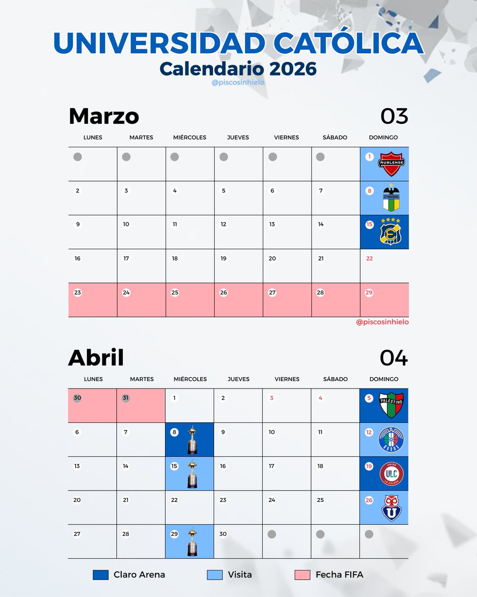 piscosinhielo's tweet image. amigas y amigos de #losCruzados, aprovechando que salió hoy el fixture de la Liga de Primera, les dejo el calendario 2026 de Universidad Católica, con todas las fechas confirmadas hasta el momento.

[Primer semestre]