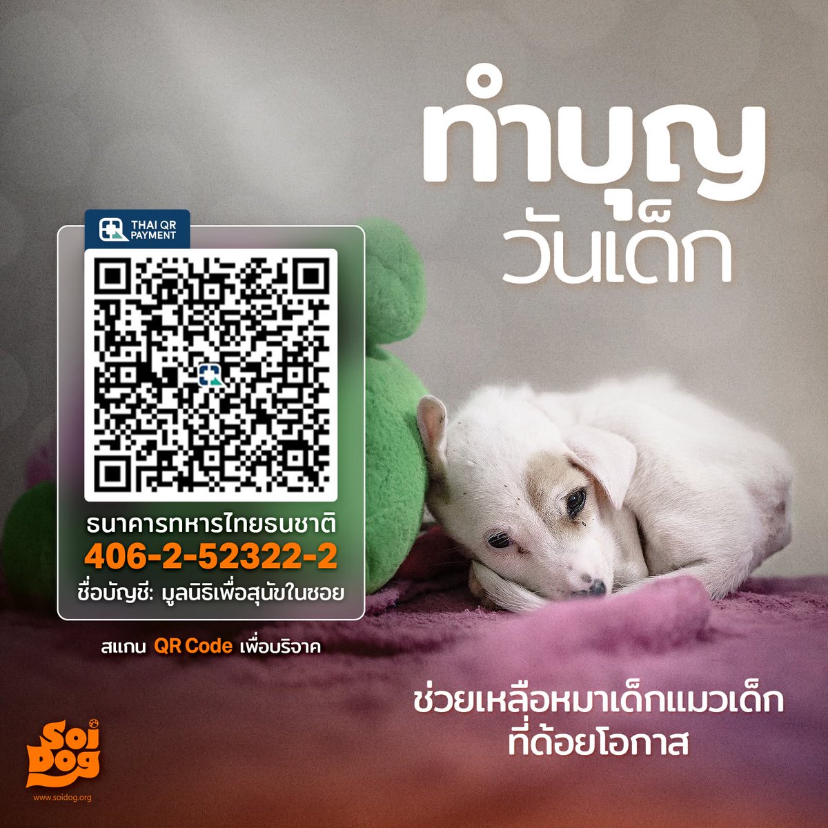 ร่วมสมทบทุนการทำงานของมูลนิธิฯ เพื่อให้เรายังคงช่วยเหลือเด็กจรยากไร้ได้ต่อไป น้ำใจของคุณจะช่วยให้พวกเขาได้เติบโตอย่างมีคุณภาพในสถานที่ปลอดภัยและมีอนาคตที่ดีอย่างที่พวกเขาสมควรได้รับ
โปรดร่วมบริจาคช่วยเหลือตอนนี้ที่
มูลนิธิเพื่อสุนัขในซอย
เลขที่บัญชี 406-2-52322-2
ธ.ทหารไทยธนชาต