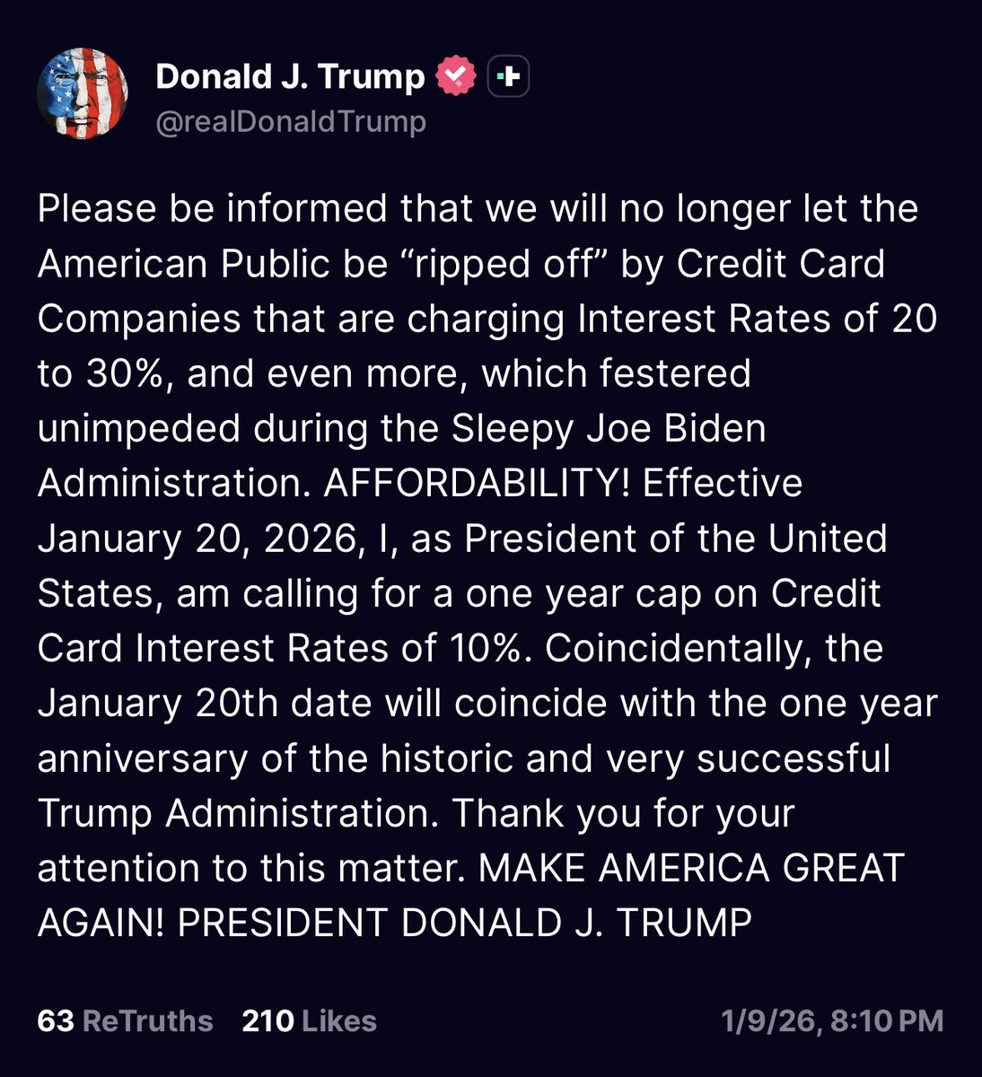 🚨JUST IN: 🇺🇸 President Trump calls for 10% cap on credit card interest rates.