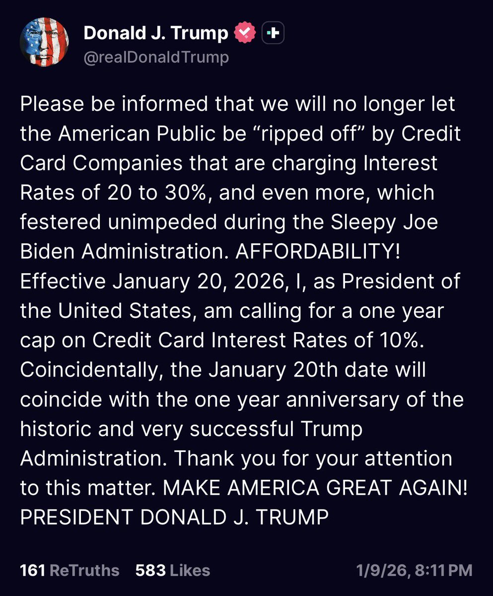 🚨Trump: 

I am calling for a 10% cap on credit card interest