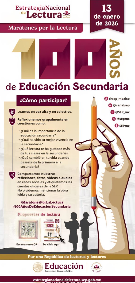 CBT_NO2_H's tweet photo. El CBT No. 2, Hueypoxtla se une al ​¡Gran Maratón por la Lectura! 📖✍️
​Este 13 de enero, celebramos #100AñosDeEducaciónSecundaria. Queremos escucharte y leerte.
​🔗 Visita: https://t.co/95dfnAgoBt
​¡Súmate al cambio y compartamos nuestra pasión por los libros! 🇲🇽 https://t.co/M4yJOTkYIE