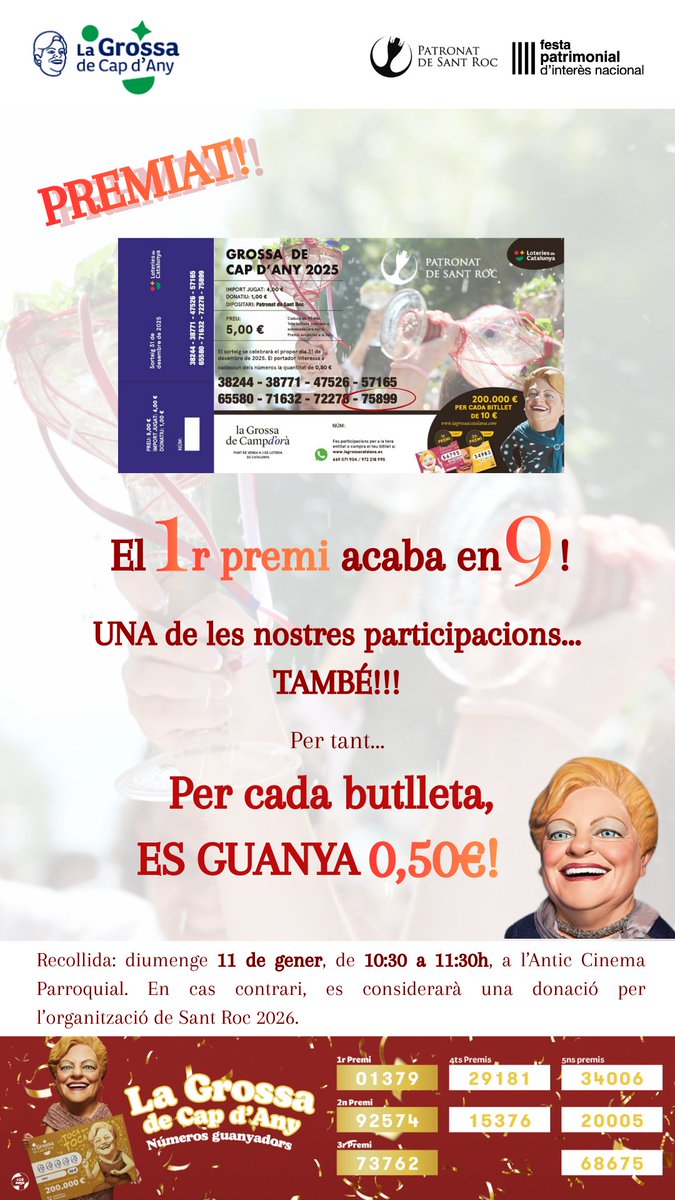 PREMIAT!🏆🏆

Aquest any, el 1r premi de la Grossa de Cap d'Any (01379) acaba en 9, igual que una de les nostres participacions!

Si vas adquirir alguna butlleta, pots venir el diumenge 11 de gener de 10:30h a 11:30h a l'Antic Cinema Parroquial per recollir el teu premi: 0,50€💸