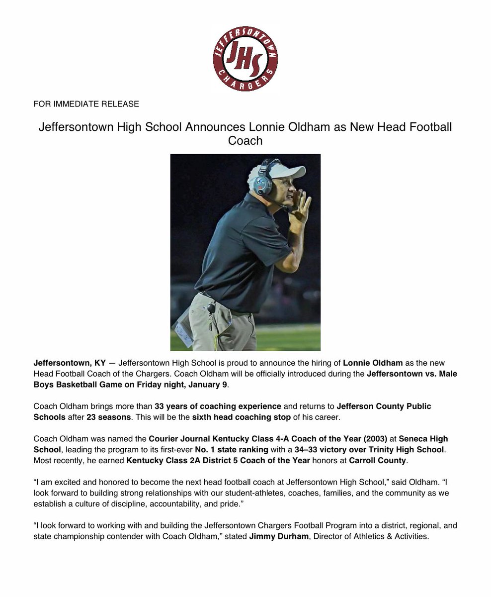 Lonnie Oldham has been named the new football coach at Jeffersontown. He closed the 2025 season as the interim coach at Central after the departure of Marvin Dantzler.