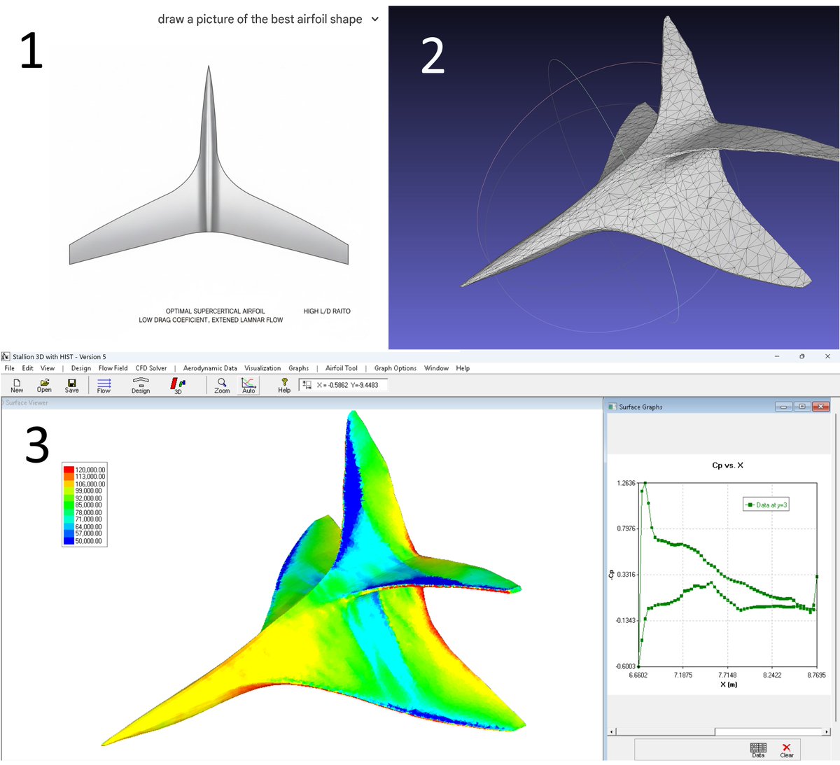 pat_hanley's tweet photo. #AI #SimulationFriday aerodynamics workflow 🤔
1. #Gemini made the "best airfoil shape".
2. Microsoft #Copilot3D generated the STL based on 1.
3. #Stallion3D solved the CAD at M=0.825 within the hour.
Try your workflow ➡️ https://t.co/1xyDyOArrW https://t.co/0IaJhByMBI